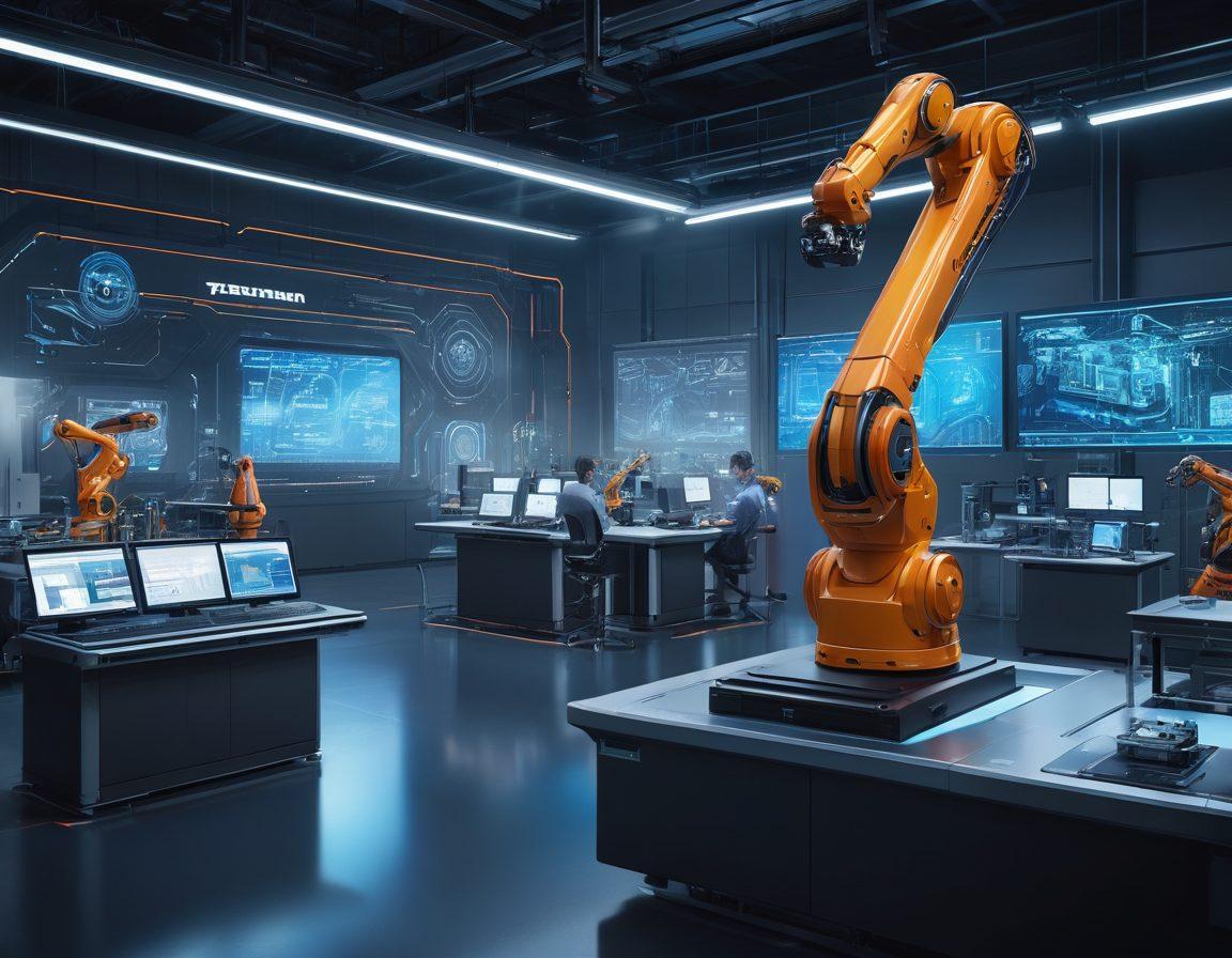 A futuristic manufacturing facility showcasing advanced technology in action, with robots and automated machines optimally working together. Include diverse engineers working with digital interfaces, analyzing data, and collaborating on screens. Highlight elements like LED displays and holograms illustrating elevated manufacturing standards and efficiency. Create a dynamic atmosphere that reflects innovation and transformation in industrial settings. vibrant colors. super-realistic.