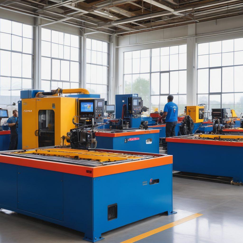 A dynamic factory scene showcasing diverse manufacturing activities, featuring advanced machinery and dedicated workers collaborating. Highlight a glowing Carson Industries logo on a prominent piece of equipment, surrounded by tools and high-tech devices that symbolize empowerment and innovation in manufacturing. Include vibrant colors and a clear blue sky visible through large windows, creating a positive and upbeat atmosphere. super-realistic. vibrant colors. white background.